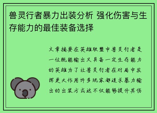 兽灵行者暴力出装分析 强化伤害与生存能力的最佳装备选择